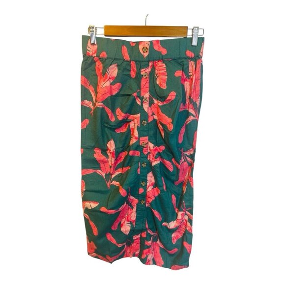 Colleen Lopez Linen Pleated Front Button Trim Midi Skirt SZ Small Deep Jungle - Picture 2 of 7